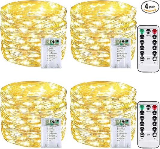 4 Pack 60LED Christmas Battery Operated Fairy Lights with Remote, 8 Modes String Lights with Timer, Dimmable, Memory Function, Waterproof Twinkle Lights for Outdoor Indoor Christmas Decor(Warm White)