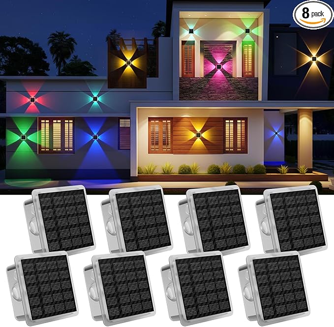 Solar Fence Lights Outdoor, New 4-Way Lighting Fence Lights Solar Powered with 8 Modes Warm White/RGB, IP65 Waterproof Solar Wall Light for Backyard Wall Pathway Deck Patio Decor - 8 Pack