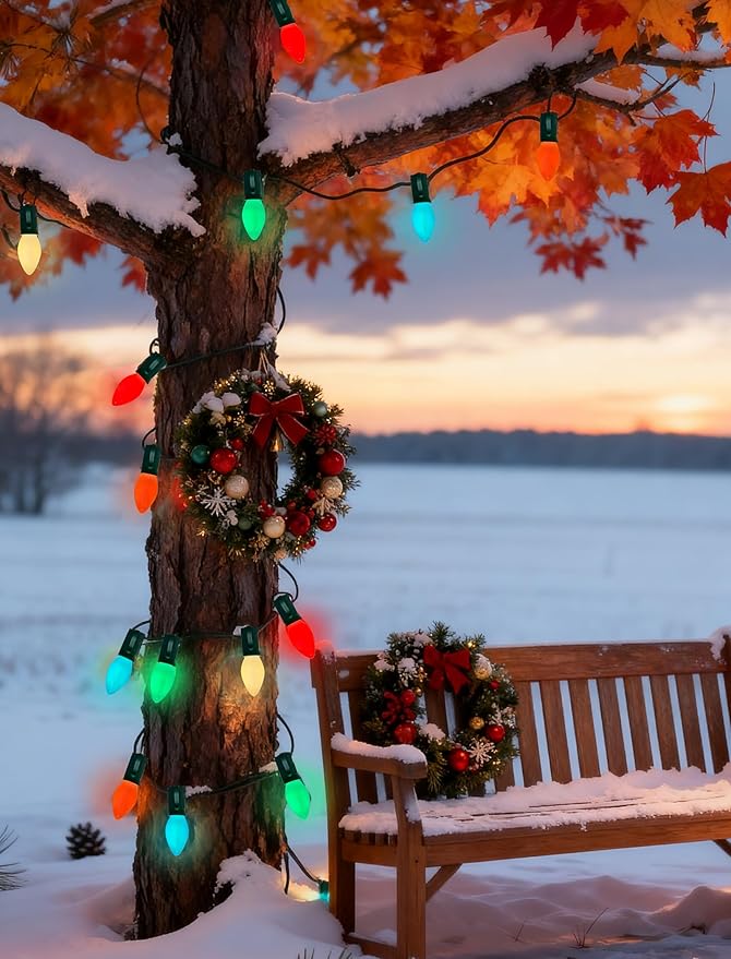 Abeja 25FT C7 Multicolor Light Outdoor, Vintage Christmas String Lights with 27 Multicolor Ceramic Bulbs (2 Spare), Hanging Christmas Lights for Outdoor Xmas Patio Wedding Party Garden Decor