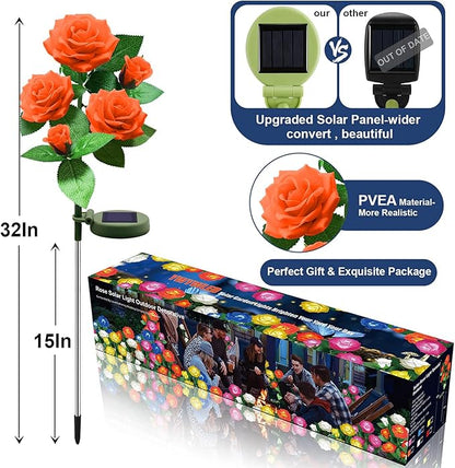 Solar Flower Lights Outdoor - Upgraded New Material Two Modes Realistic LED Solar Powered Waterproof Lights with 5 Roses, Solar Decorative Stake Lights for Garden (Orange, 2 Pack)