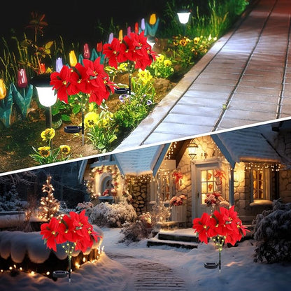 VIHOSE 4 Pcs Christmas Solar Poinsettia Lights Outdoor Artificial Flowers Landscape Waterproof Solar Poinsettia Lights for Yard Lawn Patio Garden Pathway Xmas Party Supplies (10 Flowers,Red)