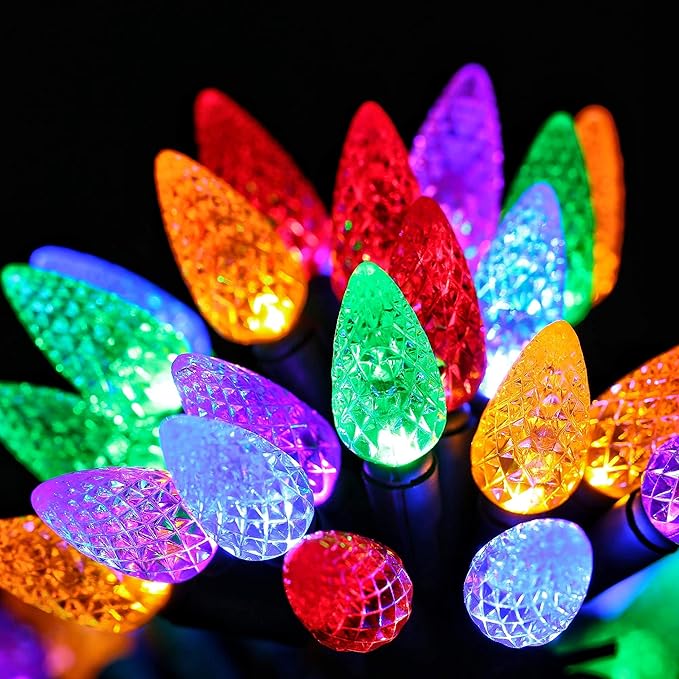 C6 Christmas String Lights with Built-in Timer - 50 LED 18ft Faceted Bulb Battery String - Decorative Outdoor Light | Lumora