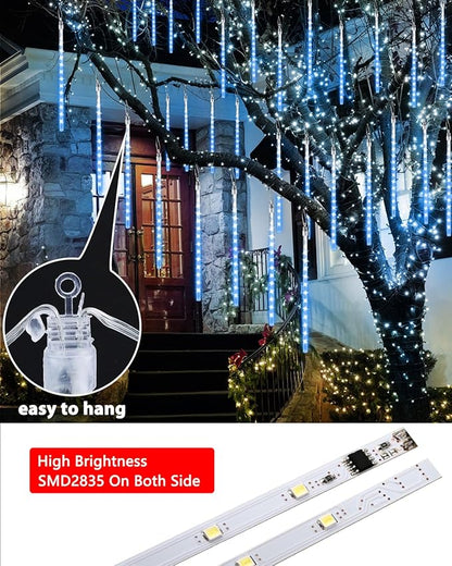 Blue 20 Tubes Meteor Shower Icicle Lights 480 LED Raindrop Lights with Timer Function Cascading Falling Rain Light for Holiday Party Christmas Decorations