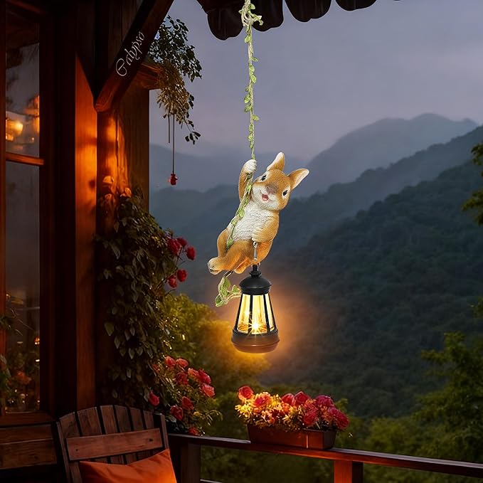 Solar Hanging Bunny Rabbit Statue, Easter Outdoor Resin Animal Figurine with LED Lights for Garden, Fence, Porch, Patio, Yard Decor, Dusk to Dawn Auto On/Off