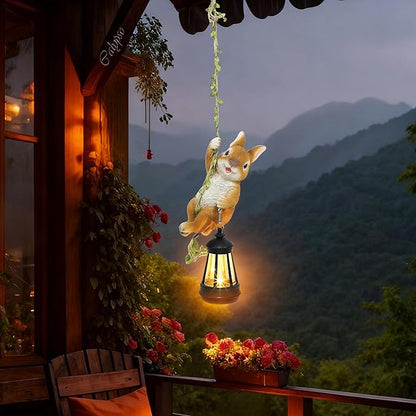 Solar Hanging Bunny Rabbit Statue, Easter Outdoor Resin Animal Figurine with LED Lights for Garden, Fence, Porch, Patio, Yard Decor, Dusk to Dawn Auto On/Off