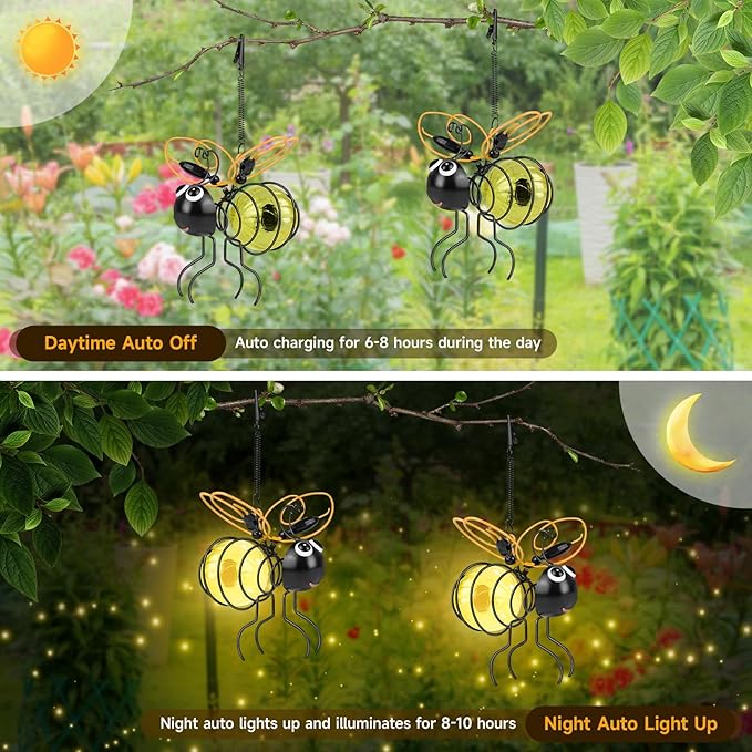 Solar Hanging Bees Lights 2 Packs - Cute Solar Insect Lights Outdoor Waterproof, Metal LED Bugs Lamp Garden | Lumora