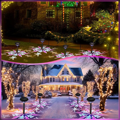Retisee 4 Pack Outdoor Christmas Decorations, Solar Christmas Pathway Lights LED Snowflake Waterproof Solar Projector Lights for Outdoor Garden Yard Patio Xmas Decor