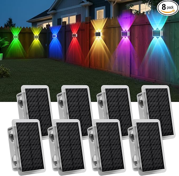 Solar Fence Lights Outdoor, New Up Down Lighting Fence Lights Solar Powered with 8 Modes Warm White/RGB, IP65 Waterproof Solar Wall Light for Backyard Wall Pathway Deck Patio Decor - 8 Pack