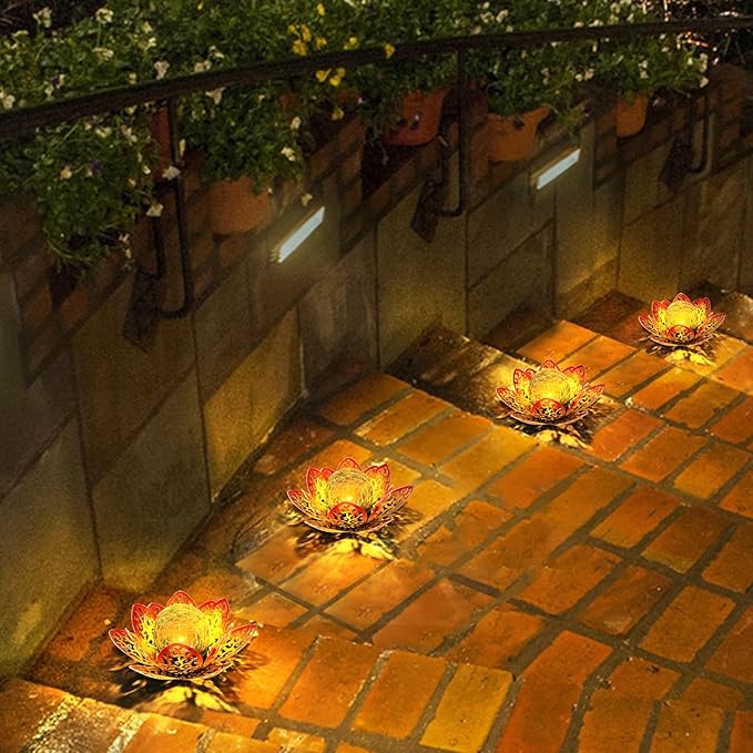 2 Pack Solar Lights Outdoor Garden 6.3 " Glass Lotus Lamp Waterproof LED Metal Flower Lights Outdoor Garden Table Decor for Outside Balcony, Patio, Deck, Porch, Walkway