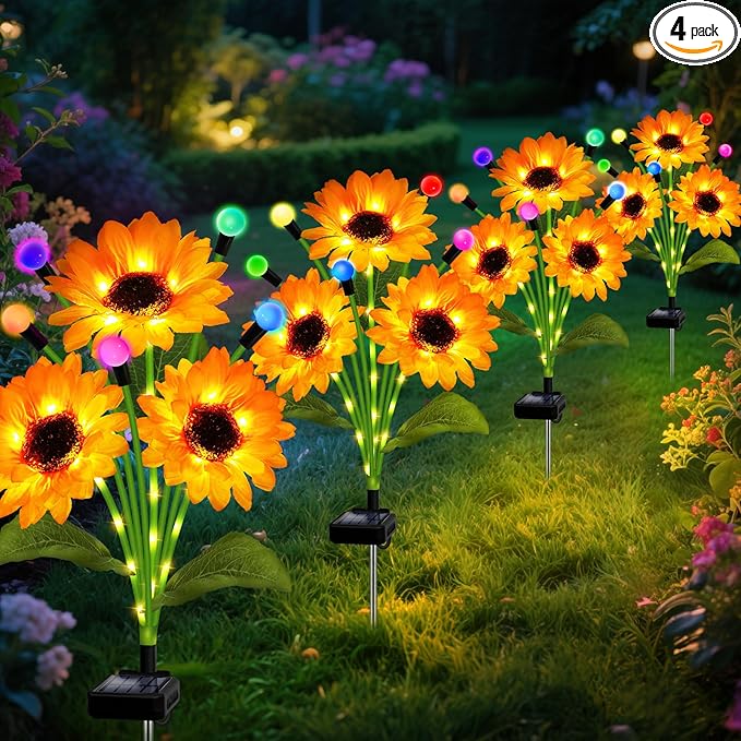 Solar Garden Lights-4 Pack Solar Sunflowers with Multicolor Changing Swaying Firefly Lights,Gifts for Mom Women Mothers Day Birthday,Waterproof Firefly Sunflower Light for Outdoor Patio Yard Decor