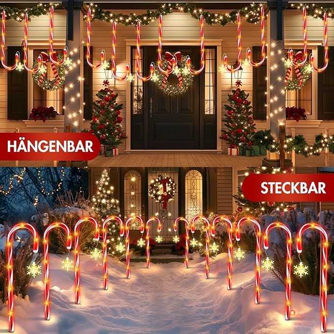 HELESIN 12 Piece Light Chain Candy Cane, LED Candy Stick Christmas Lighting Outdoor with Sparkling Snowflake, 12 Lighting Modes Candy Sticks Christmas Decor for Lawn, Terrace, Gifts
