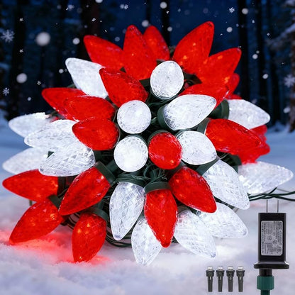 C9 LED Christmas Lights Outdoor,33 Feet 50 LED 8 Lighting Modes Waterproof Connectable Christmas String Lights for Outside Roofline Patio Home Xmas Decorations (Red & White)