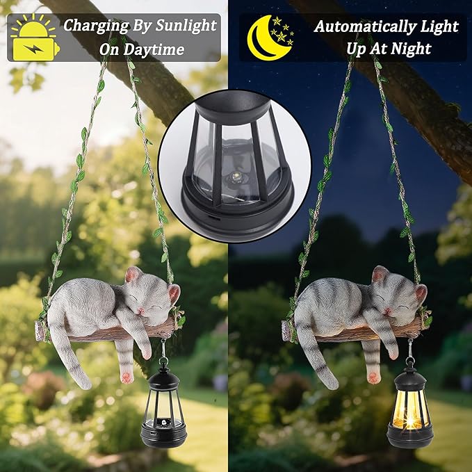 Solar Lighted Garden Outdoor Statue, 22.6" H Hanging Swing Lying with A Sleeping Cat and A LED Lantern, Resin | Lumora