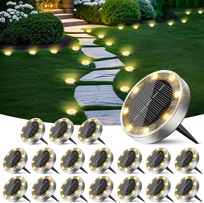 Peasur Solar Ground Lights Outdoor, 18 Pack Flat Solar Powered Disc Lights, IP68 Waterproof, Anti-Rust, Landscape | Lumora