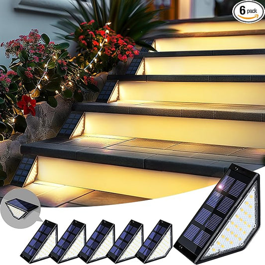 6 Pack Solar Step Lights for Outside, 24 LEDs Solar Stair Lights Waterproof IP65, Solar Deck Lights Outdoor Decor for Garden, Porch, Pathway, Patio, Fence, Balcony(Warm White)