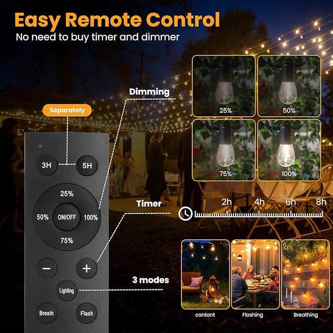 104FT(98+6) Solar String Lights Outdoor Waterproof, Solar Powered Patio Light with 30+2 Dimmable S14 Edison Bulbs | Lumora