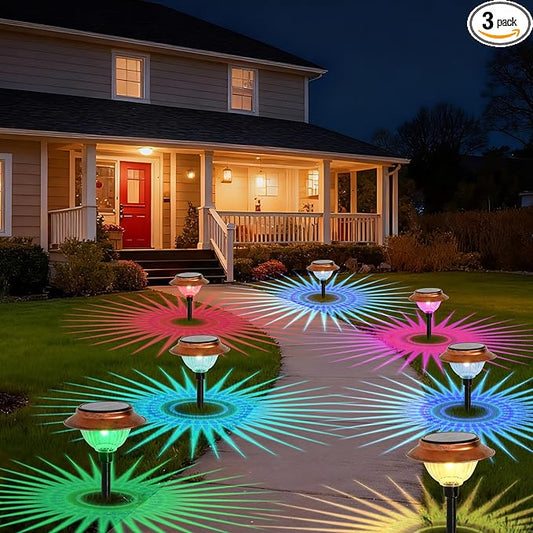 Solar Lights Outdoor 3 Pack Waterproof Solar Christmas Lights Outdoor Multiple Colors LED Iron Stake for Pathway Yard Garden Driveway Outside Decor.