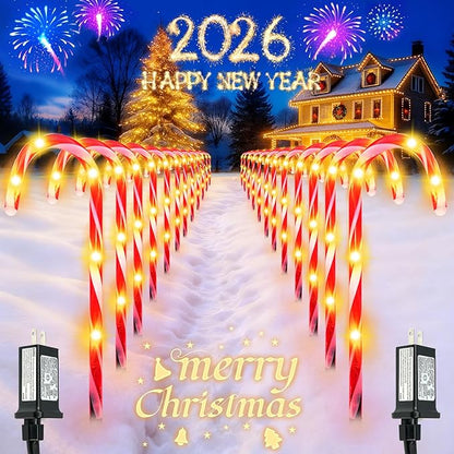 BOSSERN 24 Pack Christmas Candy Cane Lights Plug in, Jumbo Candy Cane Light Waterproof, 8 Modes Christmas LED Decorations for Outdoor, Pathway Lights Plug in for Garden Lawn Yard Patio Decorations