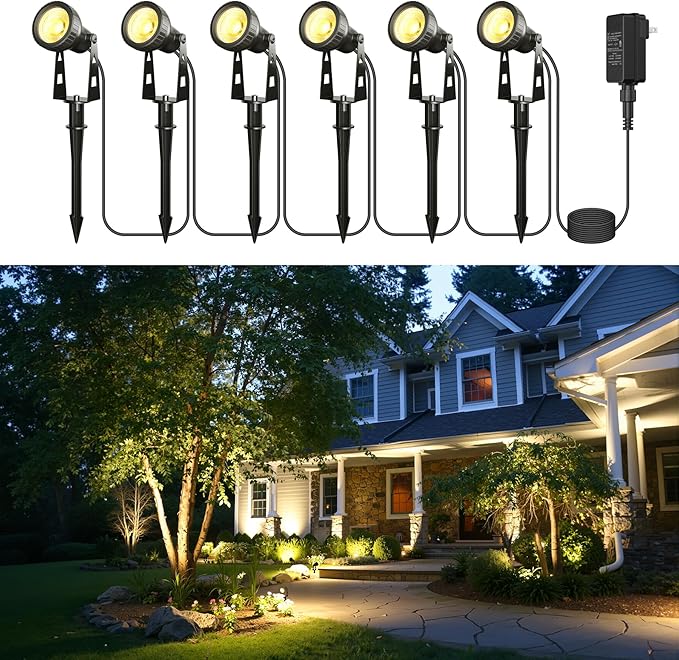 Outdoor Landscape Lighting, 6-Pack Outdoor Spot Lights with Transformer, Plug in LED Spot Lights for Garden, Yard, Backyard, Plants, Lawn, Trees, House, Flags, IP65 Waterproof – Warm White