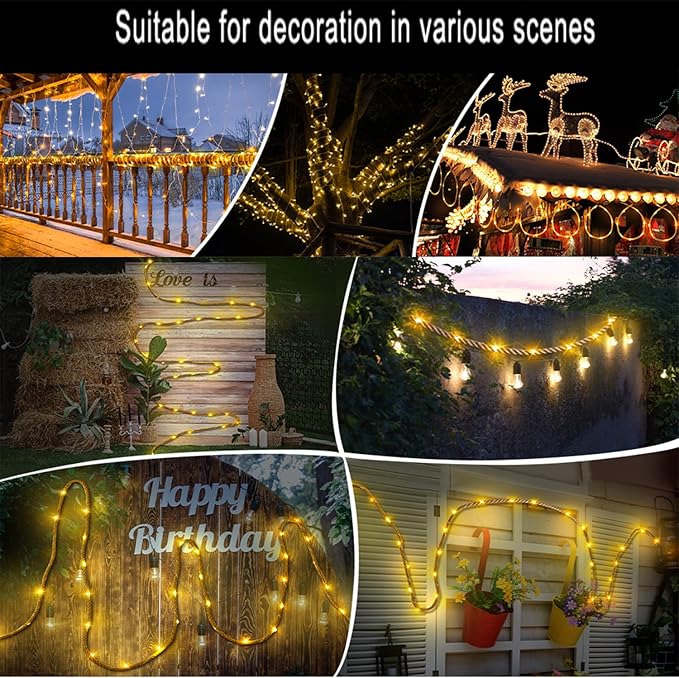 Solar String Lights Outdoor, Waterproof Natural Hemp Rope Lights with Remote/Rechargeable Port,Dimmable Outdoor Solar Light Cafe Lights for Garden Bistro Party Porch Yard Balcony (200led 10m)