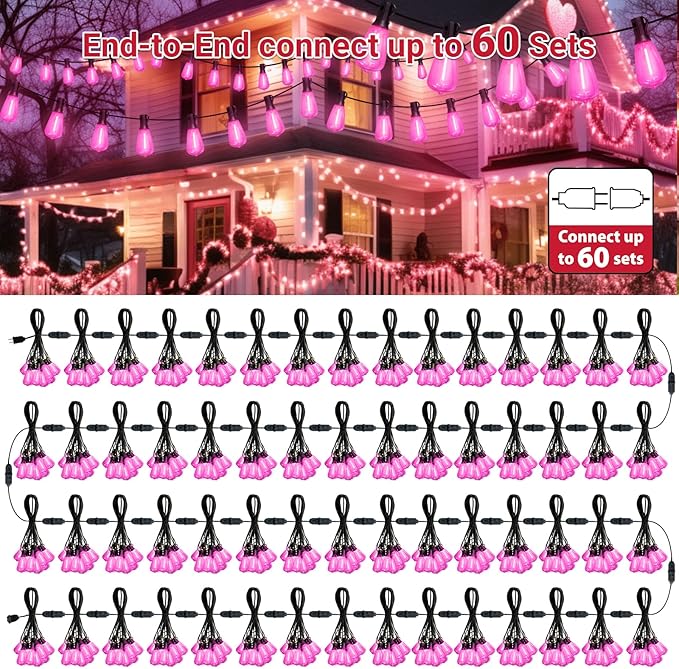 LAMPHOME 26Ft ST38 Outdoor String Lights, Pink Valentine's Day Patio Lights with 12+1 ST38 Edison Bulbs, LED | Lumora