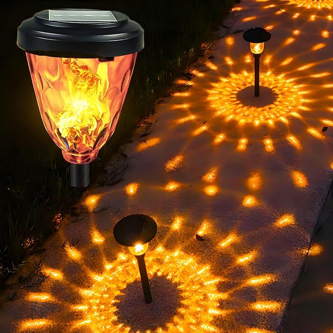 Dynamic Solar Pathway 2 Pack Flickering Flame Outdoor Yard LED Lawn Lights - IP65 Waterproof, Weatherproof Garden Decor for Patio Path Walkway Sidewalk on Christmas
