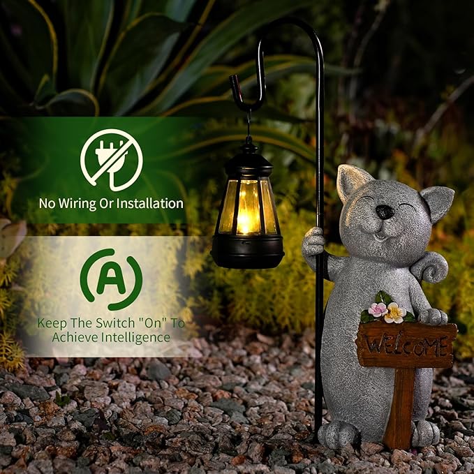 Solar Cat Outdoor Garden Lights Solar Powered Lantern Resin Statue for Outside Balcony Garden Decor Gift for Grandma Women 18 * 5.58 * 9 inch (Gray Lantern Cat)