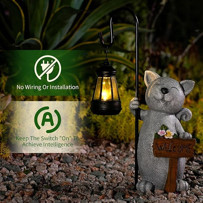 Solar Cat Outdoor Garden Lights Solar Powered Lantern Resin Statue for Outside Balcony Garden Decor Gift for Grandma Women 18 * 5.58 * 9 inch (Gray Lantern Cat)