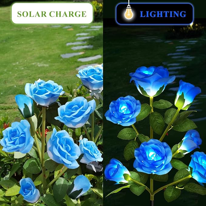 DWH 1 Pack Solar Garden Lights Outdoor, 7-Flower Rose Solar Lights for Yard, LED Solar Powered Stake Lights for Patio Pathway Lawn Fence Cemetery, Blue