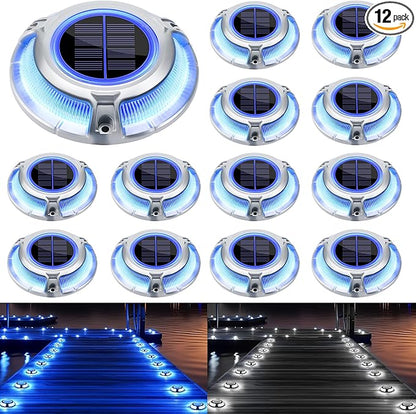 Brizled 12 Pack Solar Driveway Lights, 2 Colors in 1 Outdoor Dock Lights, IP67 Waterproof Deck Lighting Marine Light, Road Marker Solar Light for Sidewalk Pathway Walkway Garden Yard(Cool White/Blue)