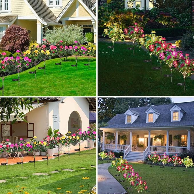AMARS 4 Pack Solar Garden Lights Outdoor Decor, Waterproof Solar Powered Warm White Lights with Colorful Artificial Azalea Flowers for Yard, Pathway, Patio, Porch, Lawn Decorations