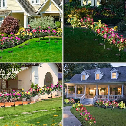 AMARS 4 Pack Solar Garden Lights Outdoor Decor, Waterproof Solar Powered Warm White Lights with Colorful Artificial Azalea Flowers for Yard, Pathway, Patio, Porch, Lawn Decorations