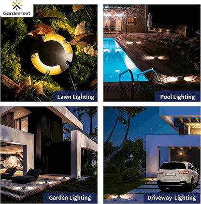 Gardenreet Brass Waterproof In Ground Well Light Kit(4 Pack) with 75W Low Voltage Transformer & MR16 Bulb & 100Feet Wire & Connectors, 12V LED Landscape Lighting for Outdoor Walkway Path(2 Way Turret)