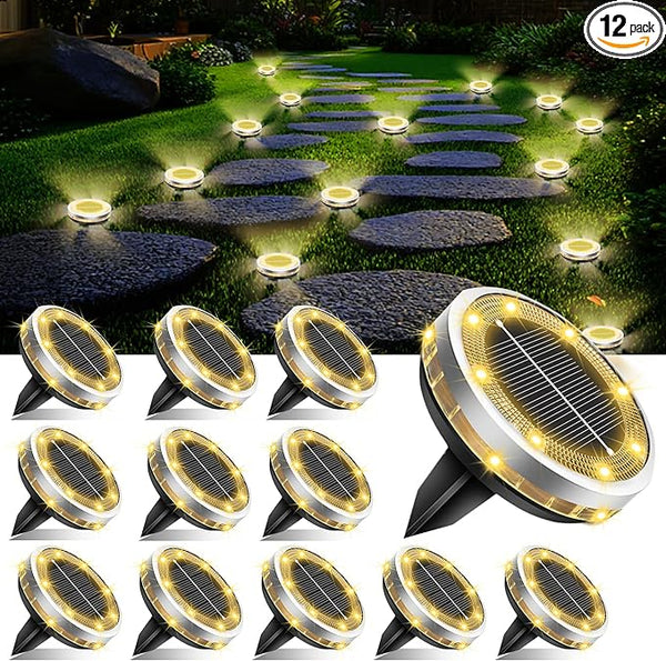 Solar Ground Lights Outdoor 12 Pack Waterproof, Upgraded Solar Garden Lights with 4 Side Light, Stainless Steel | Lumora