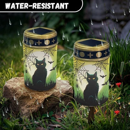 Garden Stake Light, Black Cat Spider Web - Halloween Solar Lights for Cemetery Grave,Solar Pathway Lights Outdoor,Lawn Yard Patio Garden Decor