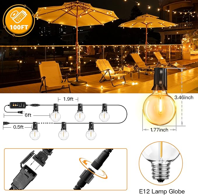 Outdoor String Lights with Remote Dimmer, 50 + 3 Spare G40 LED Bulbs Plug in Connectable Patio Lights, Waterproof Hanging Lights for Backyard Camping Balcony Yard Deck Party(100FT)