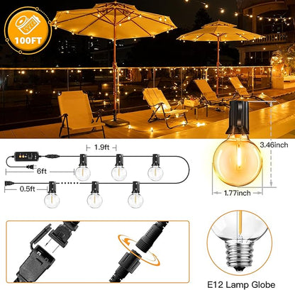 Outdoor String Lights with Remote Dimmer, 50 + 3 Spare G40 LED Bulbs Plug in Connectable Patio Lights, Waterproof Hanging Lights for Backyard Camping Balcony Yard Deck Party(100FT)