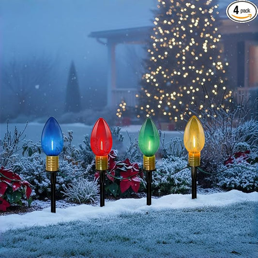 C9 LED Christmas Pathway Lights 7Ft Multicolor Pathway Christmas Lights Walkway Light Outdoor with 4 Colorful Clear Bulbs, Connectable Holiday Commercial Xmas Decoration- Green Wire