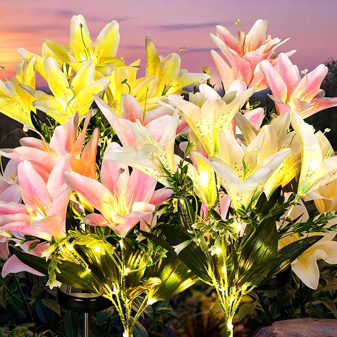 GIGALUMI Solar Garden Lights, LED Lily Garden Decor Carefree Solar Flowers Outdoor Waterproof, Yard Decorations Outdoor, Allergy-Free, Everlasting Light up Flowers for Yard Patio Garden (Set of 4)