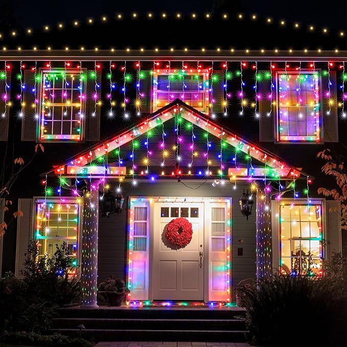 Joomer Christmas Icicle Lights - 19FT Outdoor String Lights Waterproof, 8 Modes Timer Connectable Plug-in String Light for Christmas Party, Eaves, Roofs, Xmas Decorations (Multicolor)