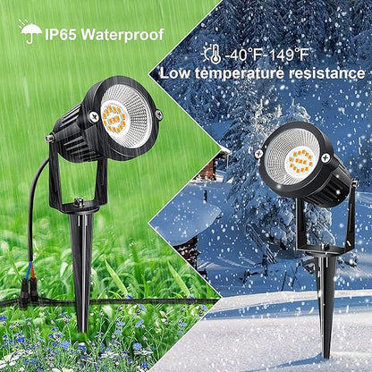 7W Low Voltage LED Landscape Lights with Connectors Outdoor 12V Super Warm White (900LM) Waterproof Garden Pathway Lights Wall Tree Flag Spotlights with Spike Stand (6 Pack with Connector)