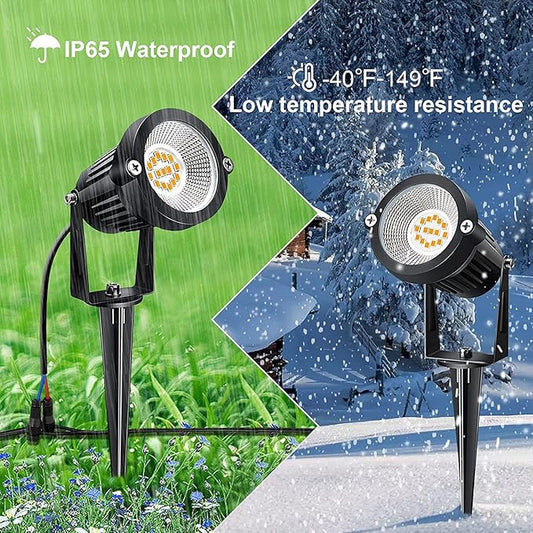 7W Low Voltage LED Landscape Lights with Connectors Outdoor 12V Super Warm White (900LM) Waterproof Garden Pathway Lights Wall Tree Flag Spotlights with Spike Stand (6 Pack with Connector)