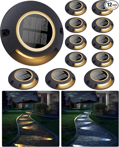 Solar Deck Driveway Lights, 12 Pack Solar Marina Dock Lights Outdoor Waterproof IP68, 2 Colors in 1 Outdoor Driveway Marker for Warning Stair, Sidewalk, Pathway, Patio, Garden Decor