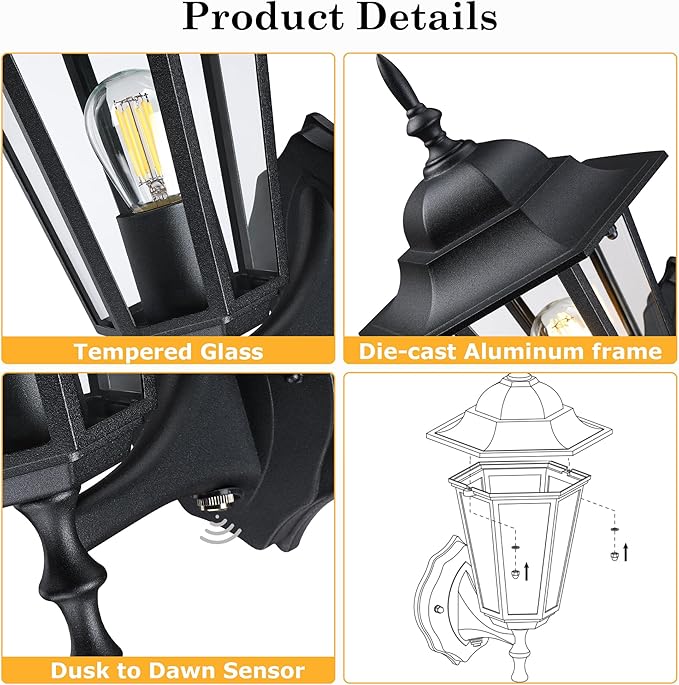 GRUENLICH Dusk to Dawn Outdoor Wall Sconce, Exterior Front Porch Lighting with Clear Glass, Black Aluminum Outside | Lumora