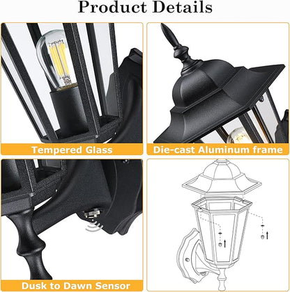 GRUENLICH Dusk to Dawn Outdoor Wall Sconce, Exterior Front Porch Lighting with Clear Glass, Black Aluminum Outside Coach Light for Patio Doorway Garage, 1 Pack