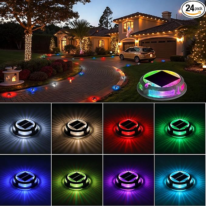 Solar Driveway Lights Outdoor 24 Pack, RGB Colors Solar Deck Dock Lights Outdoor Waterproof IP68, 3 Dynamic Light Modes Driveway Marker for Warning Stair, Boat Dock, Step, Walkway, Patio Decor