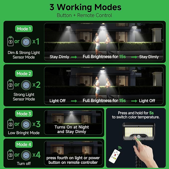 Solar Motion Lights - with Flexible Tripod 3-Color Mode lamp, 92 LEDs 600LM Lights with 2700K/5000K/7000K Adjustable Hightlight, Security Lights for Fence, Deck, Gutter (4-Pack