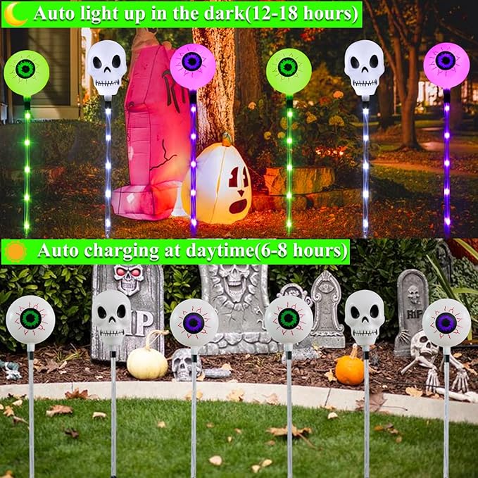 Halloween Decorations Outdoor Solar Garden Lights,6 Pack Scary Eyeball Skull Outside Decor,8 Modes Solar Halloween Lights for House Grave Patio Yard Lawn Pathway Halloween Party Ghost Decor
