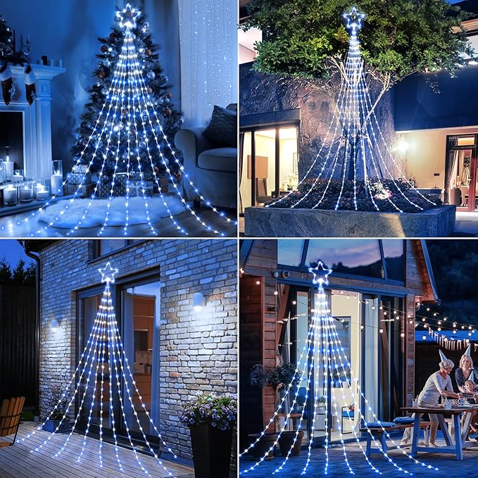 Christmas Decorations Star String Lights - 344 LED 11.8ft 9 Strands Waterfall Tree Lights with Topper Star, 8 Lighting Modes Indoor Outdoor Decorative Lights for Wedding Yard Party Home, Blue & White