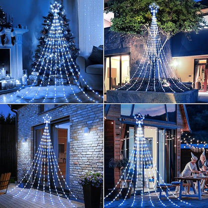 Christmas Decorations Star String Lights - 344 LED 11.8ft 9 Strands Waterfall Tree Lights with Topper Star, 8 Lighting Modes Indoor Outdoor Decorative Lights for Wedding Yard Party Home, Blue & White